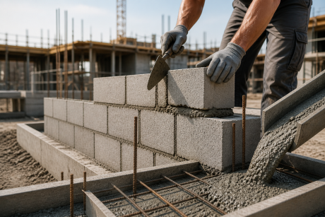 Maurer bei Betonarbeiten und Mauerbau auf einer Baustelle