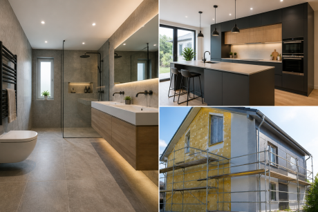Moderne Badezimmersanierung, Küchenrenovation und Fassadensanierung eines Hauses