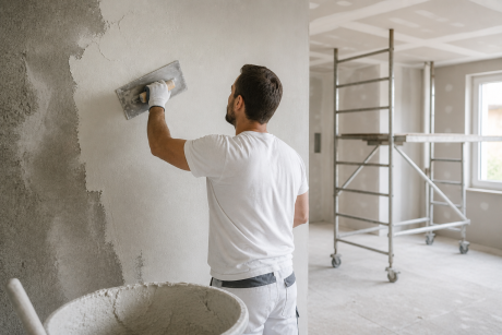 Facharbeiter führt Gipser- und Verputzarbeiten an einer Wand im Innenraum aus