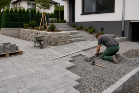 Pflästerung und Umgebungsarbeiten mit Natur- und Betonsteinen im Gartenbereich