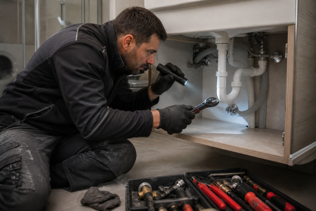 Notfallservice bei Rohrreparatur im Badezimmer durch Facharbeiter